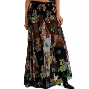 Free People Black Sheer Maxi Skirt with Multicolor Floral Embroidery